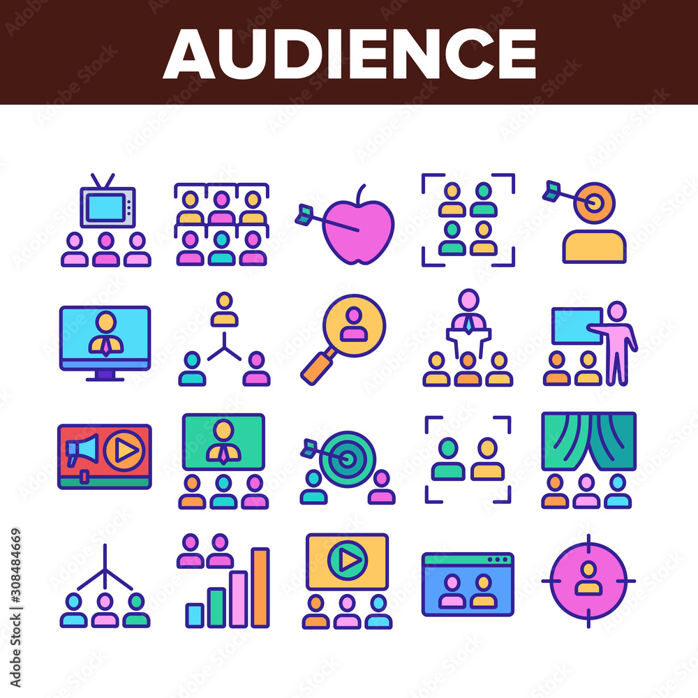 Poster audience social group collection icons set vector thin line. human on computer screen and magnifier,