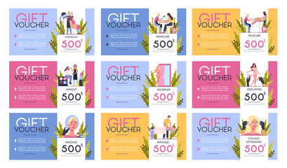 Gift voucher for beauty center concept. Beauty salon voucher for procedure.