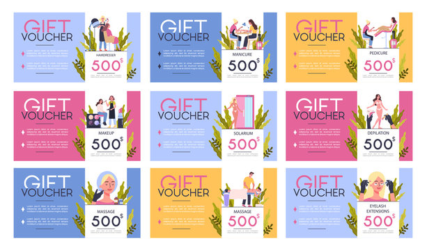 Gift voucher for beauty center concept. Beauty salon voucher for procedure.