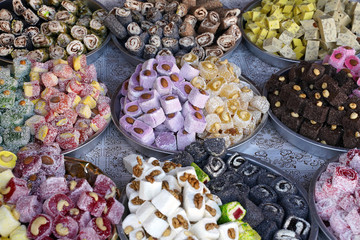 Collection of Candies and Sweets. Arabic traditional dessert rahat lokum. Turkish sweets with...