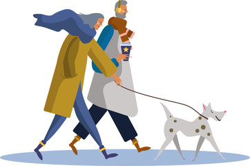 A cute vector illustration of an elederly happy couple walking with a white dog  