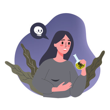 Vector illustratiion of sad young woman think about suicide by drinking poison.