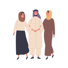 Muslim family flat vector illustration. People in national clothes, polygamy, Islamic marriage tradition, culture features concept. Two women in hijab holding man under arms cartoon characters.