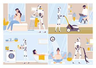 Robot doing housework. Robotic housekeeping. Robot doing home cleanup, laundry.