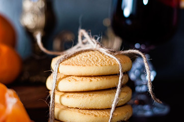 Homemade cookies or gingerbread and mulled wine, Christmas time and holidays
