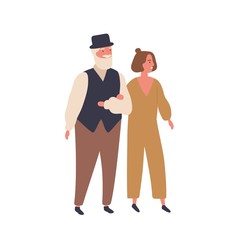 Couple with a big age difference flat vector illustration. Smiling pair walking together, wife and husband. Relationship, love, age range concept. Aged man and young woman cartoon characters.