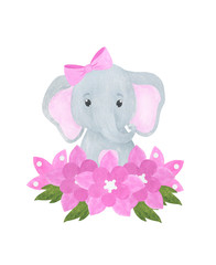 Greeting card Cute little elephant and flowers watercolor illustration animals