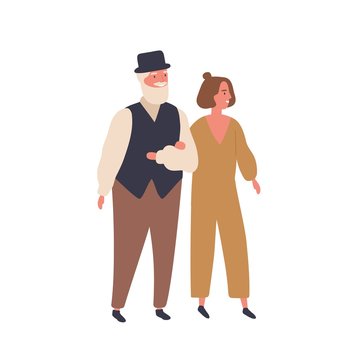 Couple With A Big Age Difference Flat Vector Illustration. Smiling Pair Walking Together, Wife And Husband. Relationship, Love, Age Range Concept. Aged Man And Young Woman Cartoon Characters.