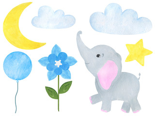 Elephant cute little watercolor illustration set of flowers balloon air balloon cloud star moon