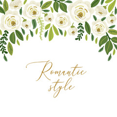 Cute botanical theme floral background with bouquets of hand drawn rustic white roses flowers and green leaves branches