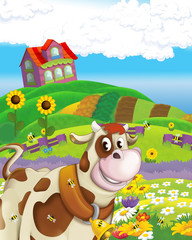 Obraz na płótnie Canvas cartoon scene with cow having fun on the farm on white background - illustration for children