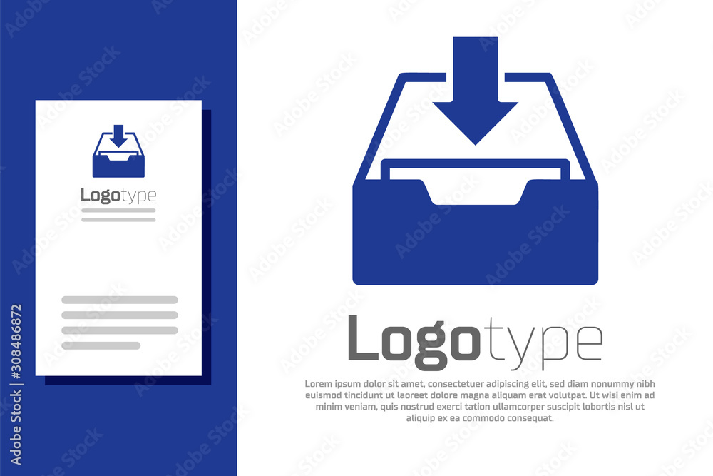 Poster blue download inbox icon isolated on white background. add to archive. logo design template element.