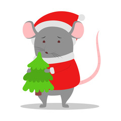Cute christmas rat holding a Christmas tree