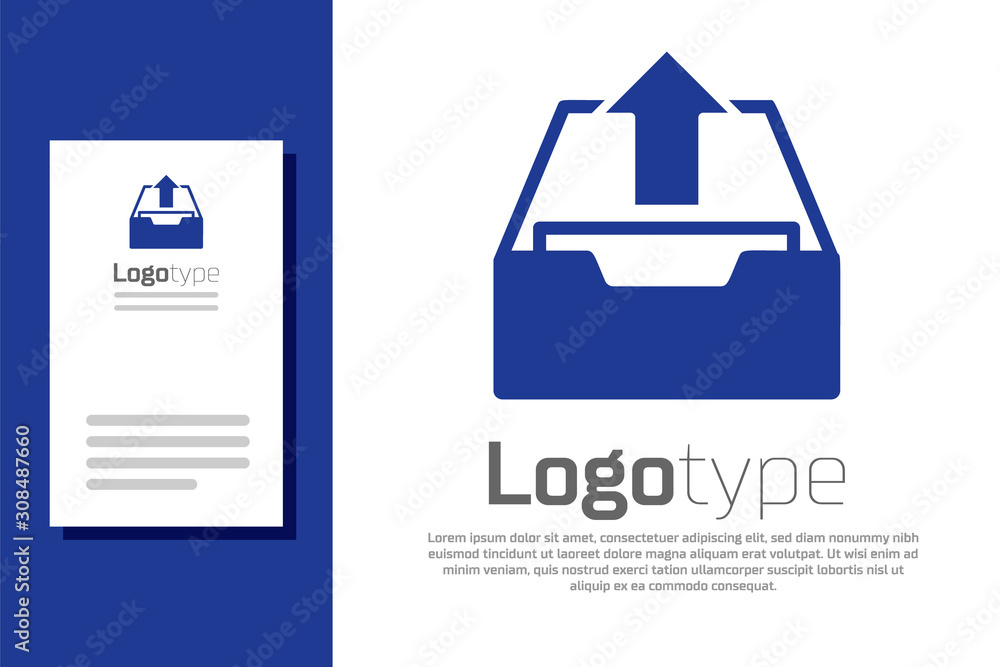 Poster blue upload inbox icon isolated on white background. extract files from archive. logo design templat