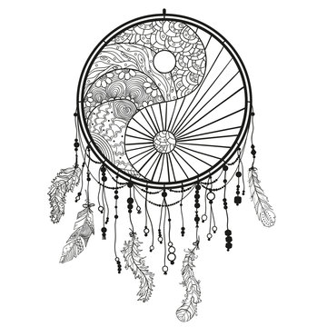 Yin and Yang. Dreamcatcher on white. Abstract mystic symbol. Black and white illustration