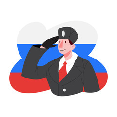 Fototapeta premium Russian soldier saluting against Russian Federation flag