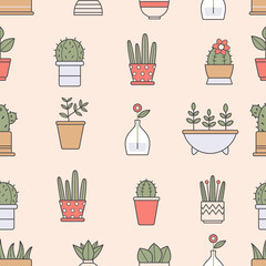 Various flower pots. Indoor plants and flowers. Minimalistic floral icons. Colored vector seamless pattern. Cartoon style, simple flat design. Trendy illustration. Pink background