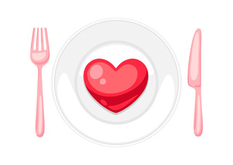 Valentines Day heart on plate with fork and knif.