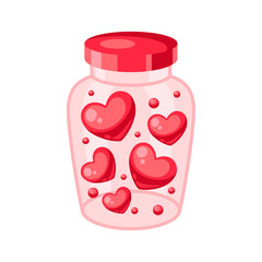 Valentines Day jar filled with hearts.