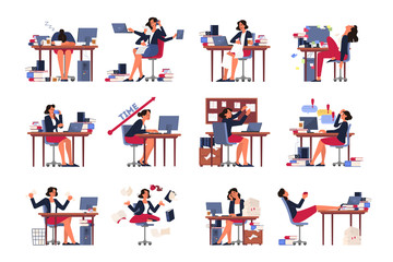 Deadline concept set. Idea of many work and few time. Employee in a hurry.