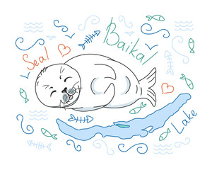 cute fur seal, baby baikal lake nerpa on white background with doodle elements, animal extinction problem, Red List, editable vector illustration for banner, poster, card, decoration