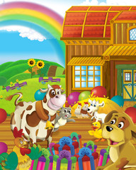 cartoon scene with cow having fun on the farm on white background - illustration for children