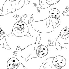 cartoon drawing kawaii fur seals, baby nerpas seamless pattern, black silhouettes on white background, cute animals, editable vector illustration for kids fabric, textile, paper, decoration