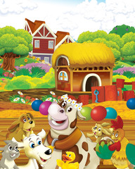 cartoon scene with cow having fun on the farm on white background - illustration for children