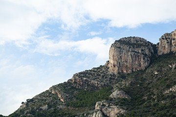Fototapeta na wymiar Monaco mountain with blue sky and green trees.