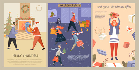 Set of vector Christmas market flyers. Illustrations of funny cartoon people and Santa Claus. Image for banner design for the big Christmas sale