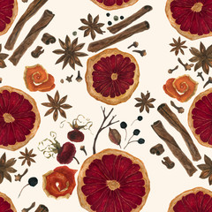 Christmas winter spices in traced watercolor seamless pattern