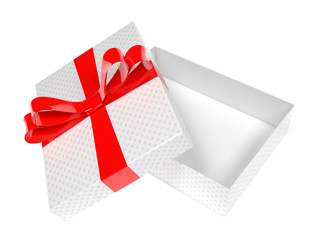 Gift box decorated with shiny red ribbon. 3d rendering illustration