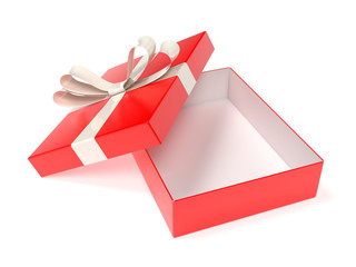Christmas box. Gift box decorated with shiny silver ribbon. 3d rendering illustration