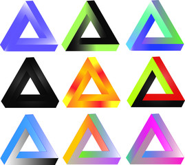 Impossible triangle. A paradoxical figure. Geometric focus. Triangles of different colors and gradients. Set of illustrations for decoration. Multi-colored figures made of ribbon.