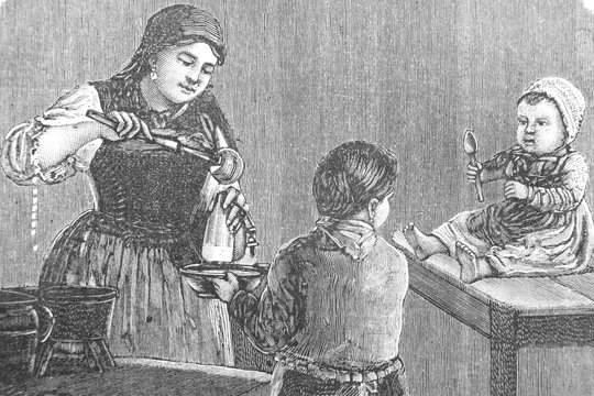 Mom cooks food for her children - Vintage Engraved Illustration, 1894