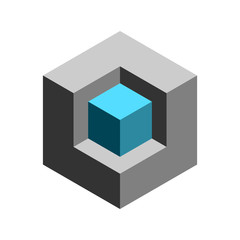3D isometric box shape. Small cube in a big cube. Abstract dimensional box object. Square geometric figure. Cube in a hexagon optical illusion. Box in a niche. Visual trick. Vector illustration.