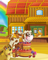 cartoon scene with happy and cheerful cow on farm ranch illustration for children