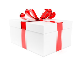 Gift box decorated with shiny red ribbon. 3d rendering illustration
