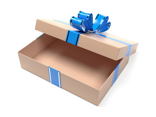 Gift box decorated with blue ribbon. Open empty brown carton. 3d rendering illustration