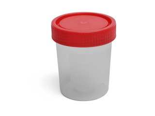 Empty plastic container for the collection of analyses and biomaterials, with a lid. Isolated on white background with shadow.