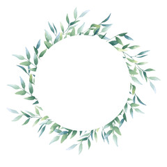 Hand drawn watercolor wreath with picturesque green branches isolated on a white background. Ideal for creating  invitations, greeting cards. Floral illustration. Botanical composition. 
