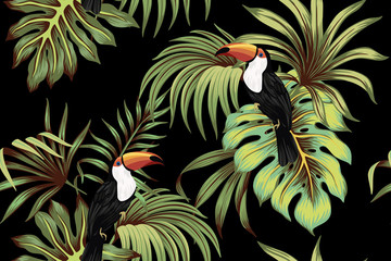Tropical vintage toucan, palm leaves floral seamless pattern black background. Exotic jungle wallpaper. - obrazy, fototapety, plakaty