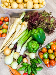 Marchwood, Southampton / UK 09 07 2019: Harvest festival vegetables from the garden