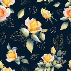 Malerisches nahtloses Muster mit Rosenarrangements, Goldblättern und Rosenknospen handgezeichnet in Aquarell auf dunklem Hintergrund. Aquarell Blumenhintergrund. Ideal für Tapeten oder Stoffe.