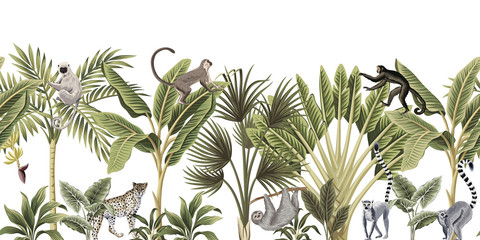 Tropical vintage wild animals, monkey, sloth, leopard, lemur, palm tree, banana tree and plant floral seamless border white background. Exotic jungle wallpaper. © good_mood