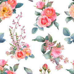 Picturesque seamless pattern with rose arrangements, leaves and herbs hand drawn in watercolor isolated on a white background. Watercolor floral background. Ideal for wallpaper or fabric.