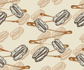 Seamless pattern with pecan nuts, caramel and cheesecake. Hand drawing decorative background. Vector pattern. Print for textile, cloth, wallpaper, scrapbooking