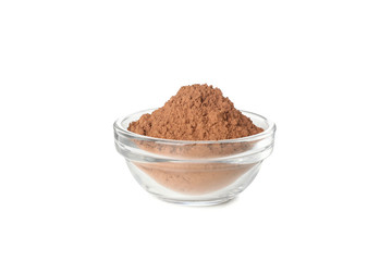 Glass bowl with cocoa powder isolated on white background