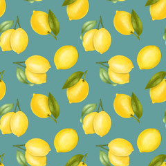 Seamless pattern with hand drawn lemons and leaves on a blue background