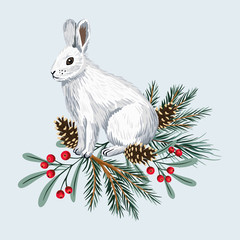 Cute white rabbit, pine branch, cones floral Christmas greeting card.  Woodland animal winter illustration.